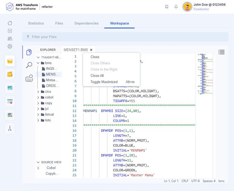 Workspace | AWS Transform for mainframe refactor